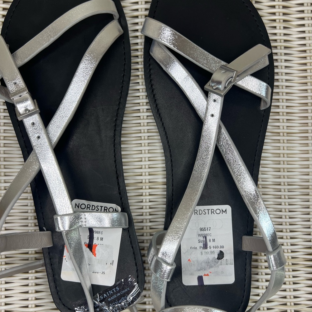 NWT AllSaints Tyla Metallic Silver Strappy Women's Sandals